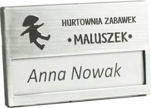 Identyfikator z grawerem 67x40 mm srebrny z agrafką