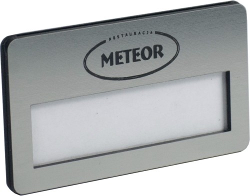 identyfikator  karteczką osobowy personalny z okienkiem front z laminatu grawerskiego srebrnego grawerowany 70x37 mm jona 0003