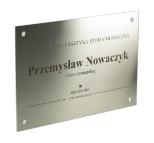 Szyld ze stali INOX 300x200 mm wzór HERE z otworami