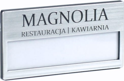 identyfikator personalny osobowy z karteczką 67x35 mm srebrny z grawerem 06 z magnesem
